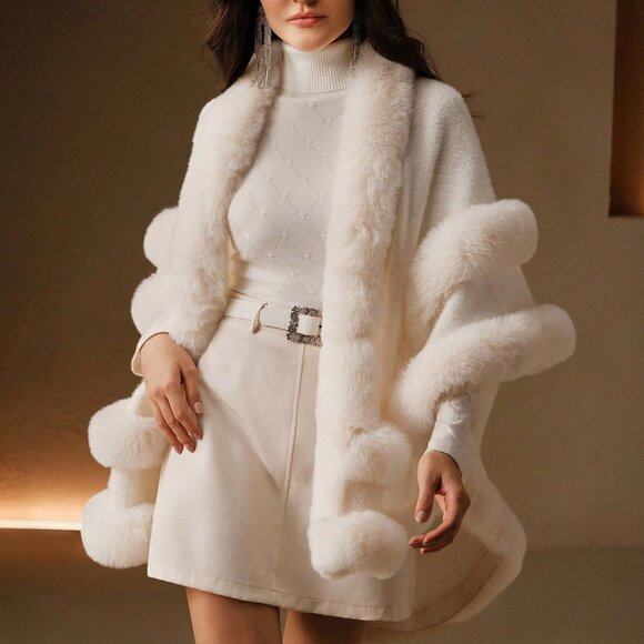 elegant Statement maker Women's faux fur trimmed knit Shawl - Picture 3 of 9